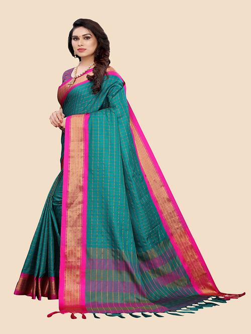 women blue checks bordered saree with blouse - 20823545 - Very Small Image - 1