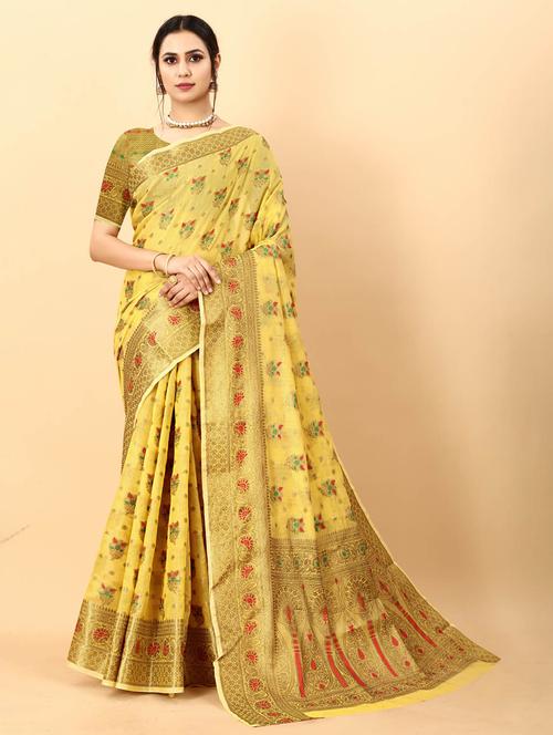 yellow self design banarasi saree with blouse - 20826259 - Very Small Image - 1