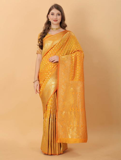 yellow self design banarasi saree with blouse - 20826294 - Very Small Image - 1