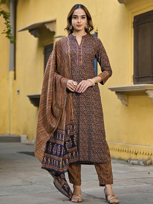 women navy blue mandarin neck kurta pant set with dupatta - 20829946 - Very Small Image - 1