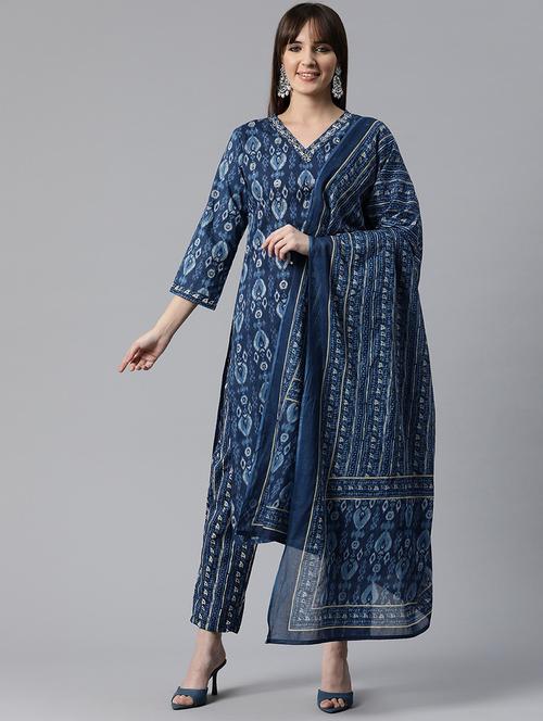 women blue printed kurta pant set with dupatta - 20830030 - Very Small Image - 1