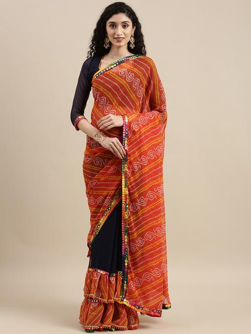 women black bandhani print ruffle saree with blouse - 20830940 - Very Small Image - 1