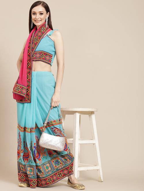women light blue embroidered half  and half saree with blouse - 20830948 - Very Small Image - 1