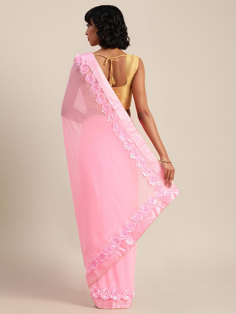 women pink solid lace work saree with blouse - 20830981 - Zoom Image - 2