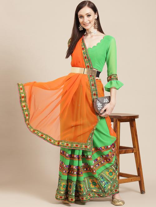 women green embroidered half and half saree - 20831071 - Very Small Image - 1