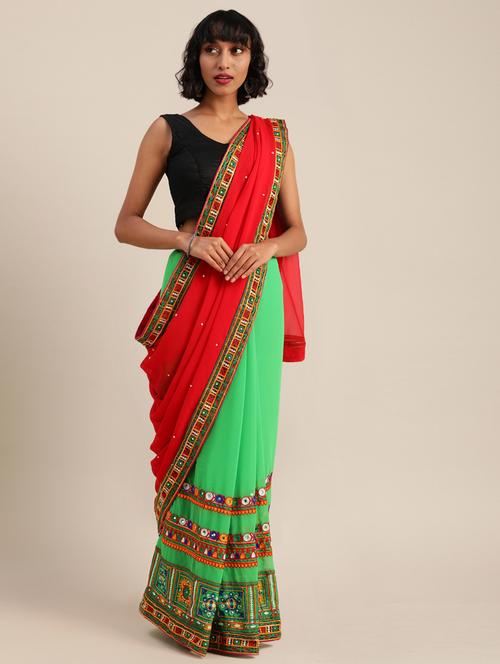 women green embroidered half & half saree with blouse - 20831091 - Very Small Image - 1