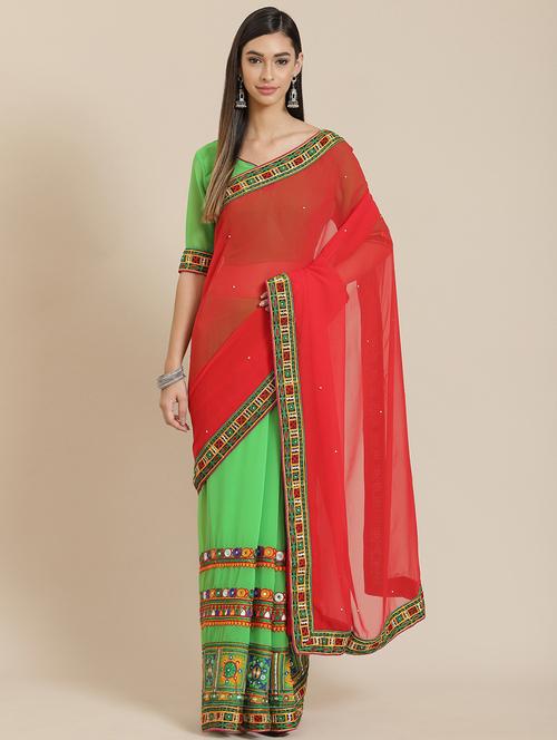 women green embroidered half and half saree with blouse - 20831097 - Very Small Image - 1