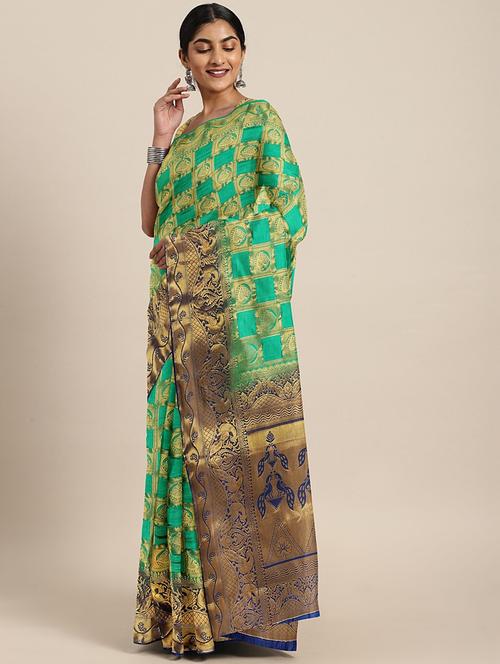 women green self design banarasi saree with blouse - 20831132 - Very Small Image - 1