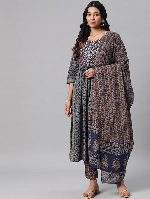 women navy blue printed kurta pant set with dupatta - 20831215 - Very Small Image - 1