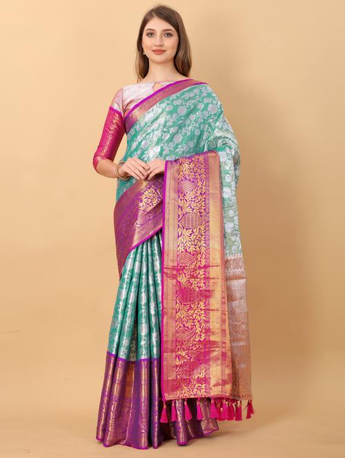 turquoise self design banarasi saree - 20831841 - Very Small Image - 1