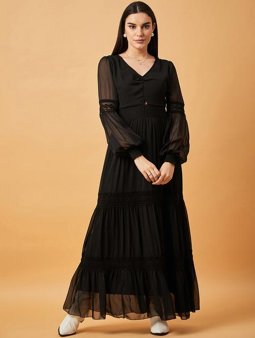 Women Black Solids V Neck Tiered Dress - 20845465 - Very Small Image - 1