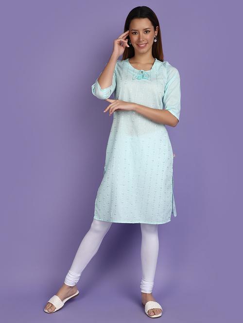 women light blue tie up neck straight kurta - 20846421 - Very Small Image - 1