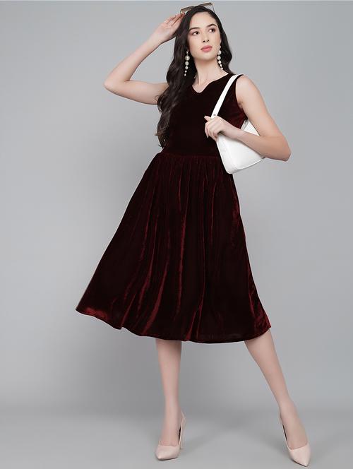 solid maroon velvet fit & flare dress - 20848819 - Very Small Image - 1