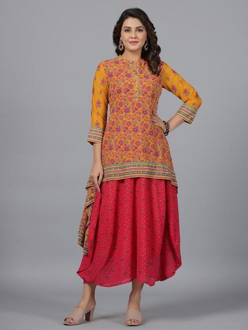 women yellow mandarin neck high low kurta - 20850442 - Very Small Image - 1