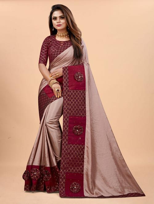 women beige solid bordered saree - 20851500 - Very Small Image - 1
