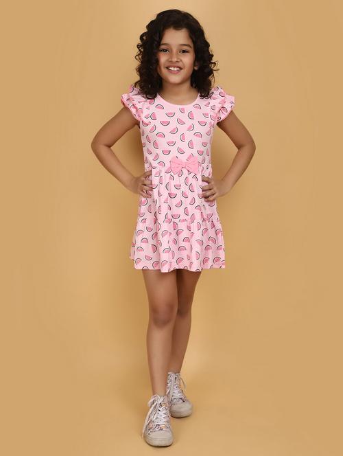 girls pink round neck printed frock - 20852526 - Very Small Image - 1