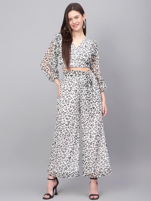 white printed chiffon top & palazzo coord set - 20852905 - Very Small Image - 1