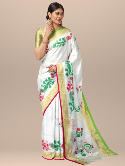 Women White Printed Bordered Saree With Blouse - 20853383 - Very Small Image - 1