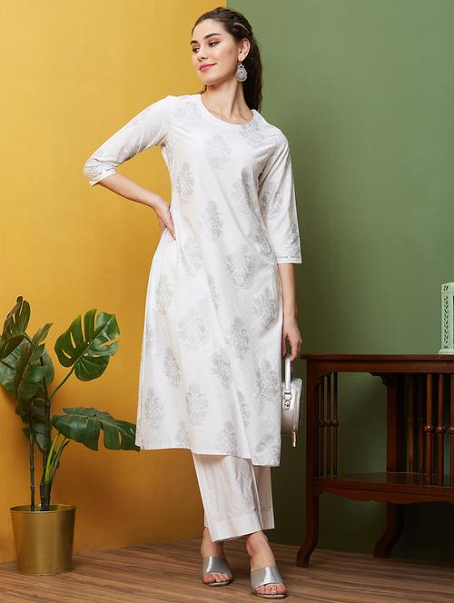 white printed kurta pant set - 20857852 - Very Small Image - 1