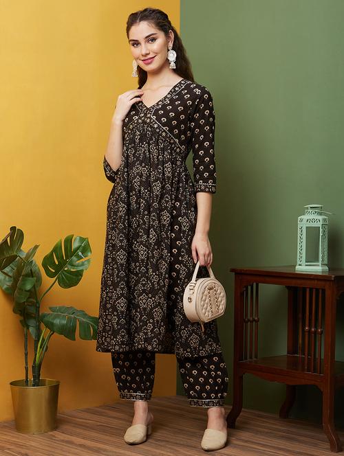 globus women brown floral allover printed alia cut a-line kurta & trousers set - 20857856 - Very Small Image - 1