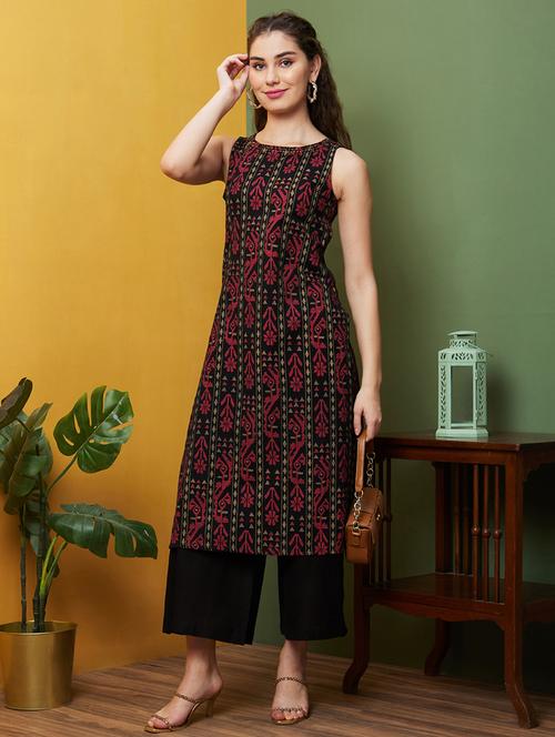globus women black ethnic motifs kantha work round neck straight kurta & wide leg trouser set - 20857875 - Very Small Image - 1