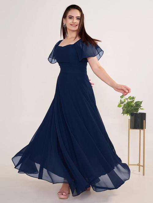 women navy blue georgette stitched flared gown - 20861054 - Very Small Image - 1