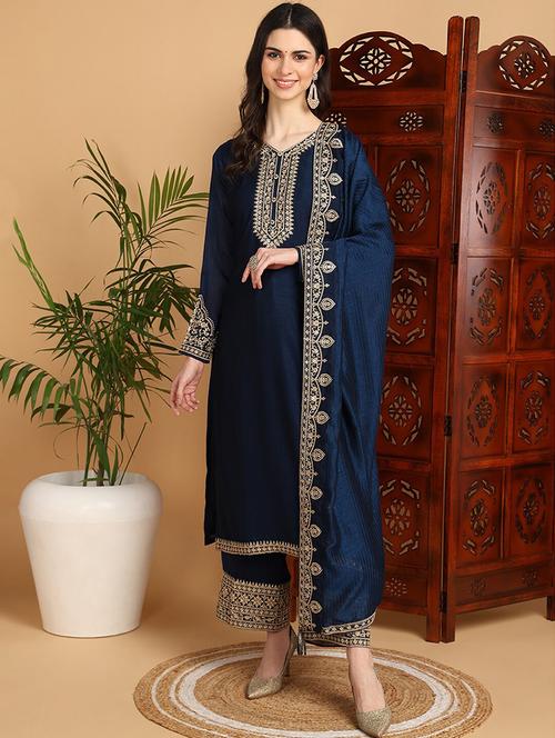 women navy blue v neck kurta palazzo set with dupatta - 20862743 - Very Small Image - 1