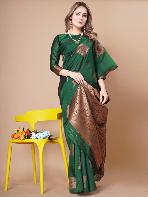 women green self design banarasi saree with blouse - 20863444 - Very Small Image - 1