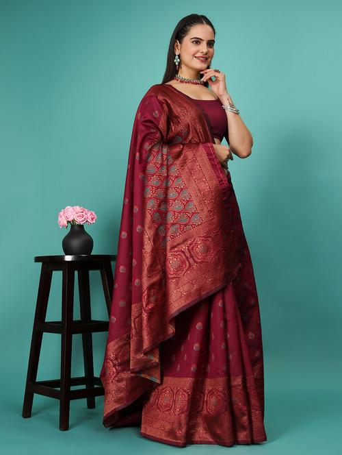 women maroon self design banarasi saree with blouse - 20863451 - Very Small Image - 1