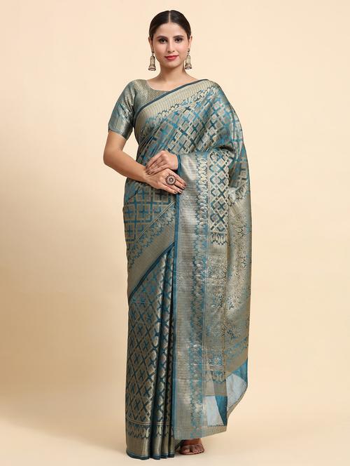 women purist blue self design banarasi saree with blouse - 20863461 - Very Small Image - 1