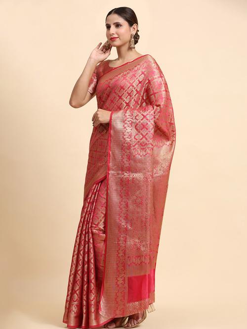 women pink self design banarasi saree with blouse - 20863462 - Very Small Image - 1