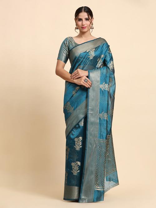 women blue self design banarasi saree with blouse - 20863473 - Very Small Image - 1