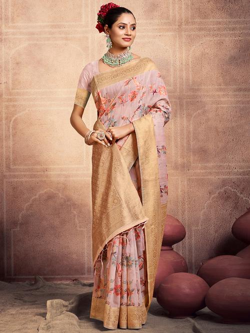 women pink floral printed bordered saree with blouse - 20864243 - Very Small Image - 1