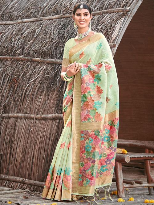 women green floral printed bordered saree with blouse - 20864255 - Very Small Image - 1