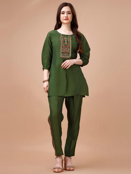 olive three quarter sleeve ethnic co-ord set - 20864262 - Very Small Image - 1