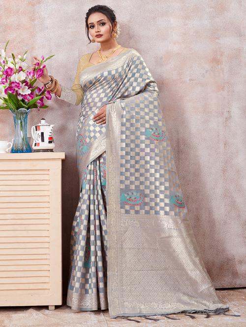 women grey self design banarasi saree with blouse - 20864732 - Very Small Image - 1