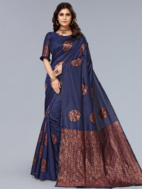 navy blue banarasi saree with blouse - 20873326 - Very Small Image - 1