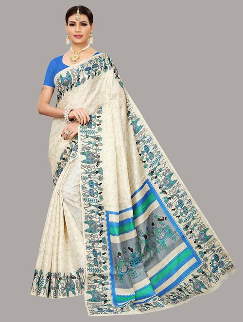 women off-white printed bordered saree with blouse - 20874129 - Very Small Image - 1