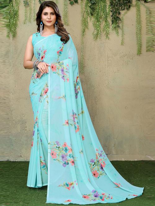 women light blue floral printed saree with blouse - 20874233 - Very Small Image - 1