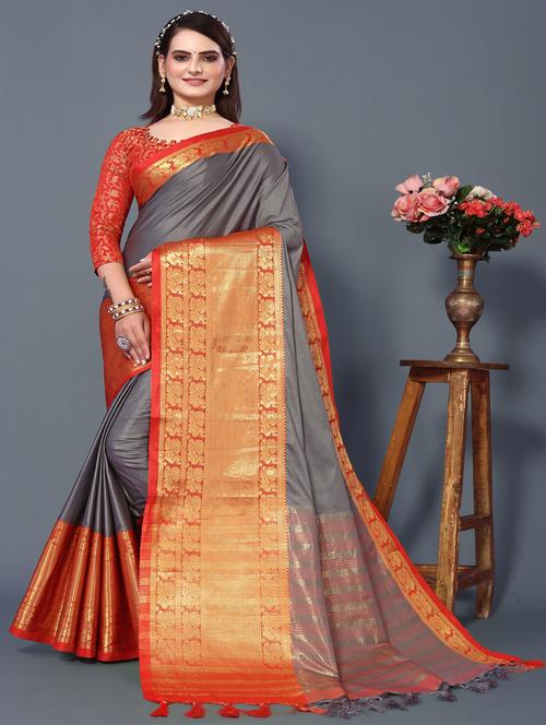 women solid with bordered saree with blouse - 20876545 - Very Small Image - 1