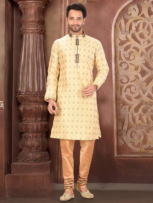 cream silk blend kurta pyjama ethnic wear set - 20881325 - Very Small Image - 1
