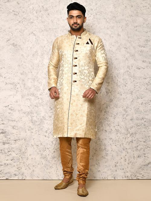 cream silk blend sherwani ethnic wear set - 20881464 - Very Small Image - 1