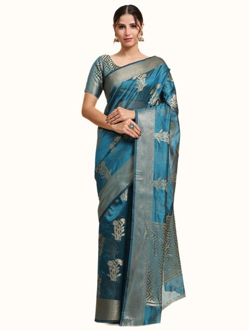 women blue self design banarasi saree with blouse - 20885480 - Very Small Image - 1