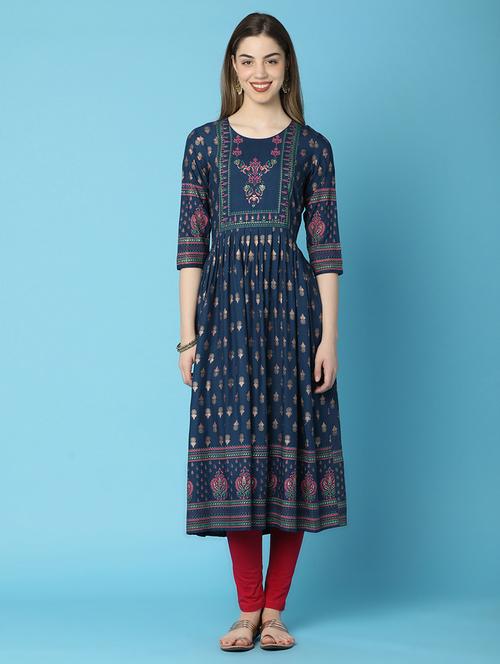women round neck printed flared kurta - 20890291 - Very Small Image - 1