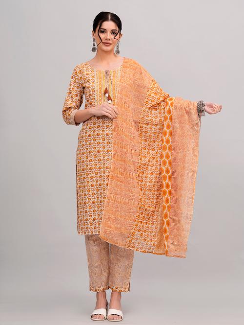 women mustard tie up neck kurta pant set with dupatta - 20893279 - Very Small Image - 1