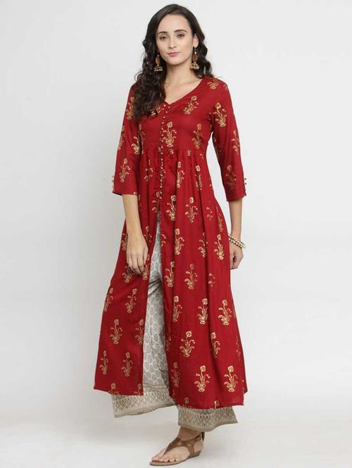 women maroon v neck kurta palazzo set - 20893489 - Very Small Image - 1