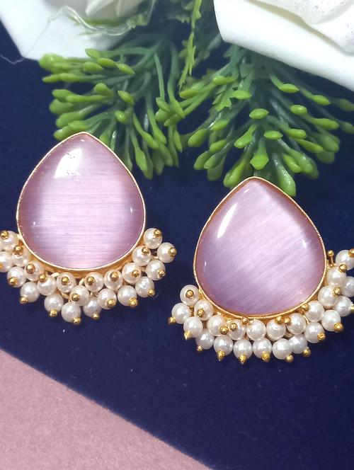 pearl drop pink stone gold plated studs earrings - 20893808 - Very Small Image - 1