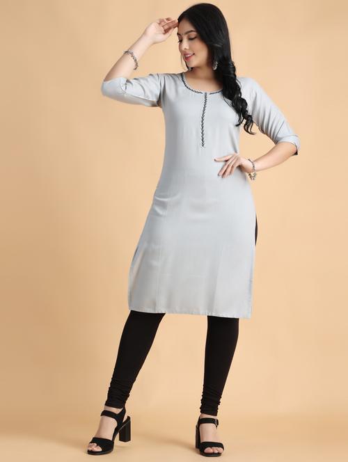 women solid with work rayon straight kurta - 20895117 - Very Small Image - 1