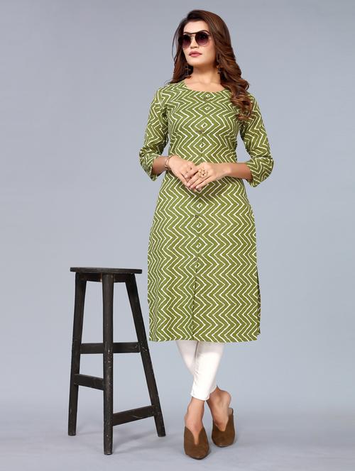 green printed cotton front slit kurta - 20895135 - Very Small Image - 1