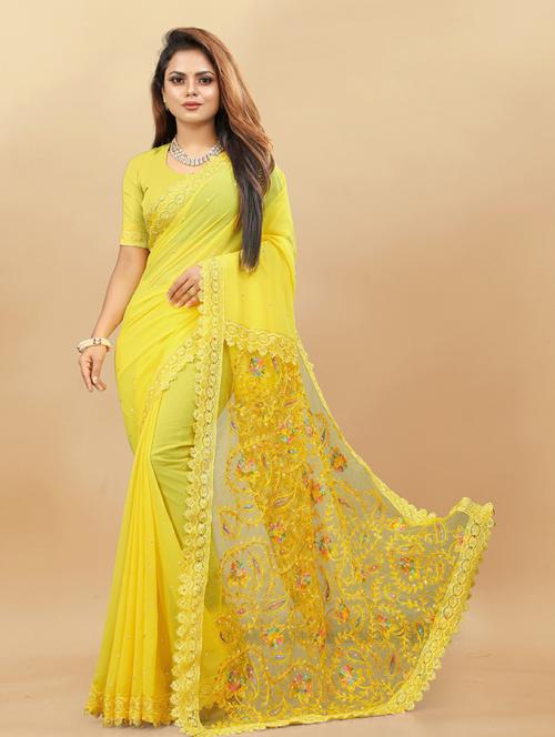 yellow georgette embroidered saree - 20895546 - Very Small Image - 1